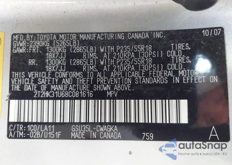 2008 Lexus Rx 350 z USA, uszkodzony, nr VIN 2T2HK31U68C081616